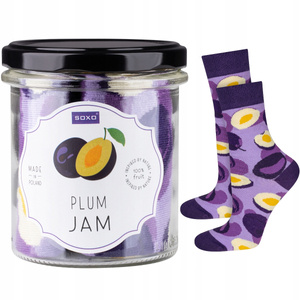 Women's pink SOXO GOOD STUFF socks with plum jam in a jar