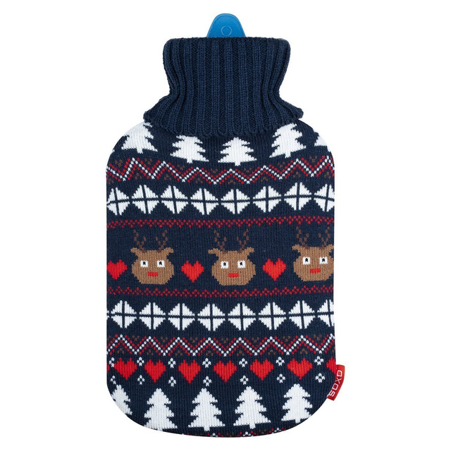Large hot water bottle SOXO in a soft navy blue sweater Christmas for a