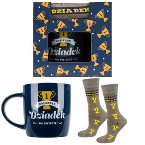 A set of Men's Socks and a mug SOXO with inscriptions for a gift for grandpa