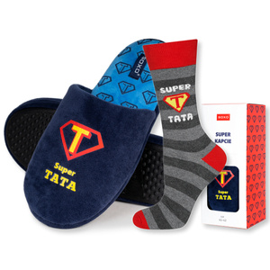 Dad Gift: 1x colorful SOXO men's socks and 1x men's slippers with inscriptions "Super Tata" | Father's Day gift