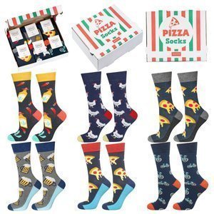 Set of 6x Colorful SOXO GOOD STUFF men's socks in a pizza box