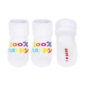 White SOXO baby socks with colored inscriptions