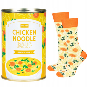 Women | Men's SOXO GOOD STUFF socks colorful chicken soup in a tin for a unisex gift