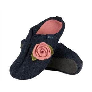 Women's felt slippers SOXO navy blue with a flower, hard TPR sole