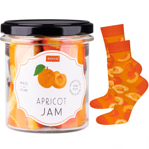 Women's orange SOXO GOOD STUFF socks with apricot jam in a jar