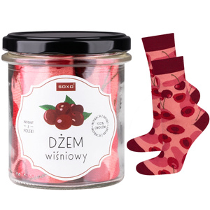 Women's pink SOXO GOOD STUFF socks with cherry jam in a jar