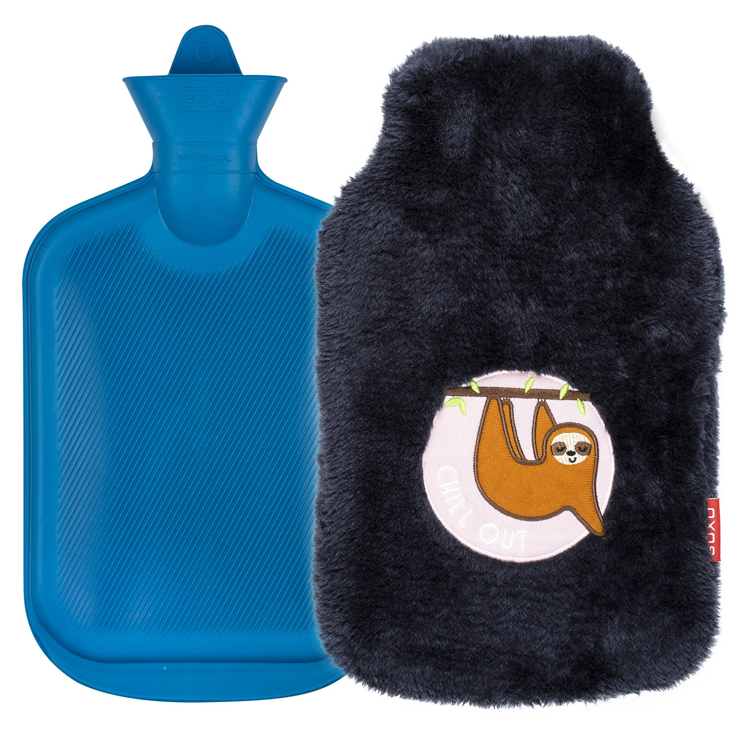 Big gray hot water bottle 1.8l SOXO in a soft cover with a sloth