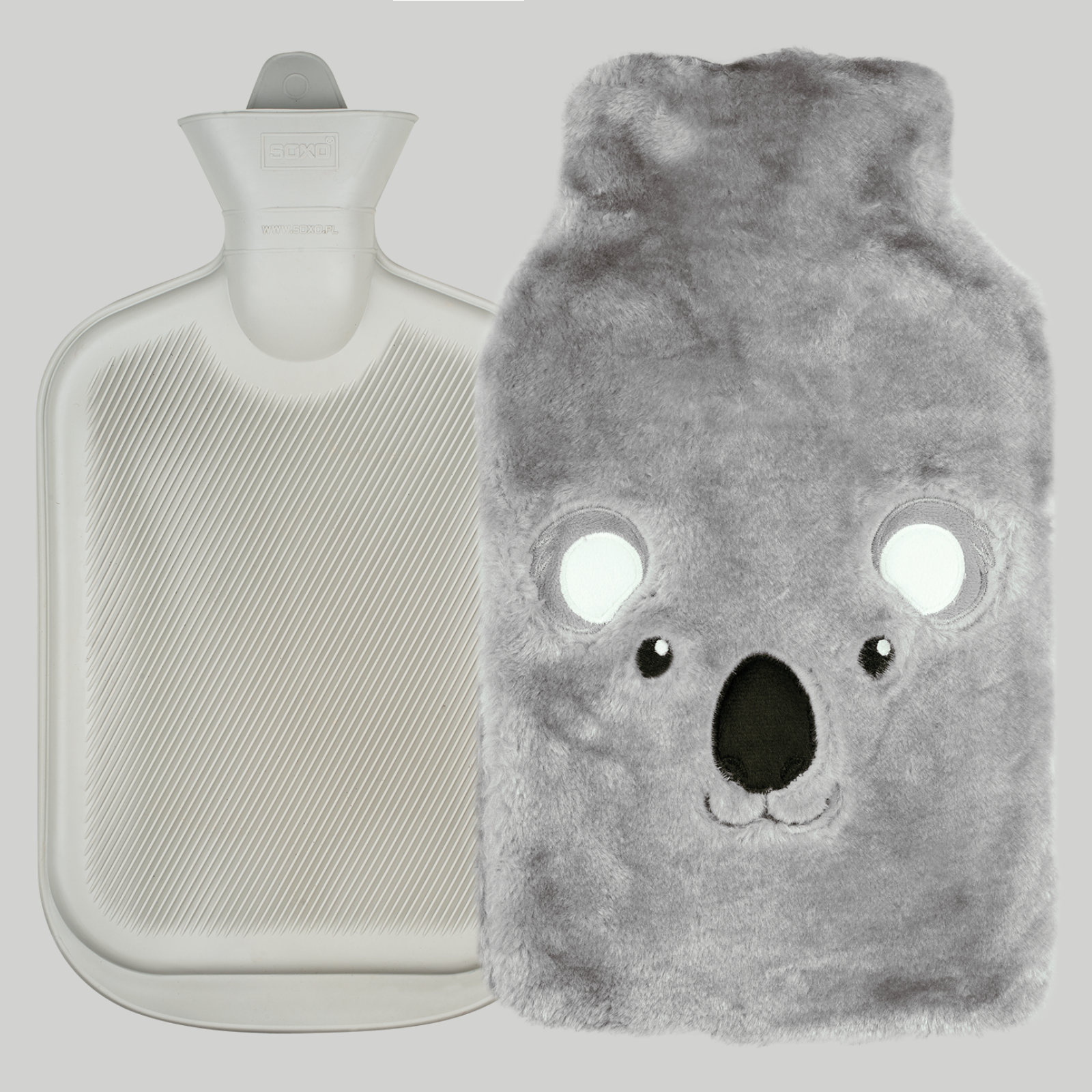 Big gray hot water bottle 1.8l SOXO in a soft koala cover koala