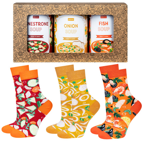 A set of 3x Colorful SOXO GOOD STUFF women's socks in a can of minestrone for a gift