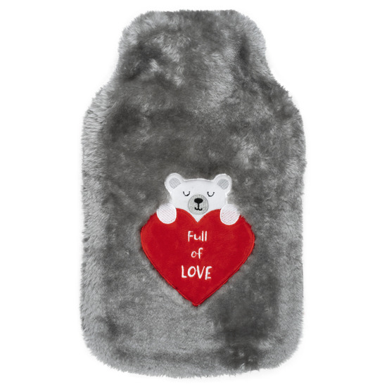 Big gray hot water bottle 1.8l SOXO soft cover with a teddy bear