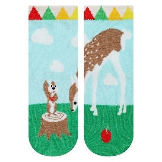 Colorful SOXO baby socks mismatched with forest animals