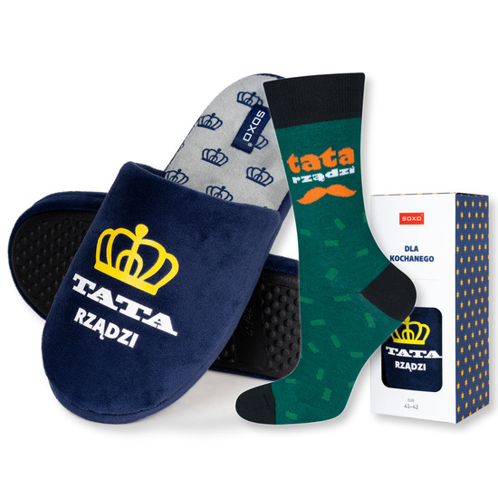 Dad Gift: 1x colorful SOXO men's socks and 1x men's slippers with inscriptions "Tata Rządzi" | Father's Day gift