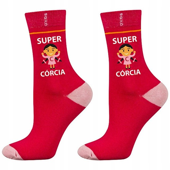 Pink SOXO children's socks with Polish inscriptions Super Daughter