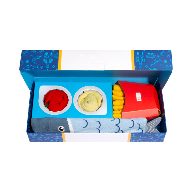 2 Paar von lustigen Socken mit Fisch und Chips motiv in einzigartiger Verpackung | Damen-/Herrensocken | SOXO