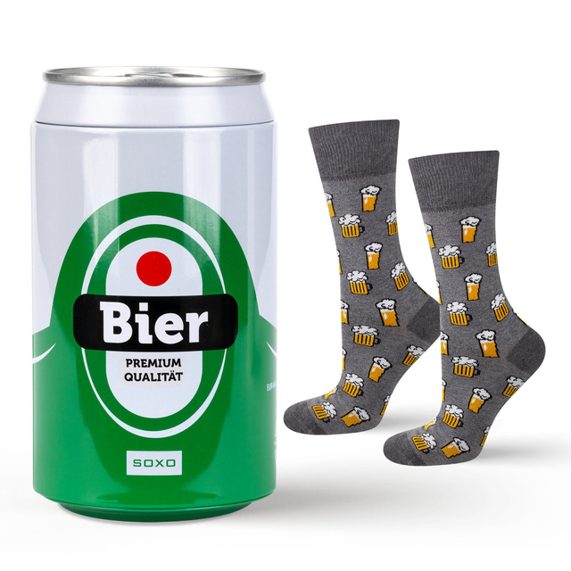 Socken in Dose mit Bier-Motiv