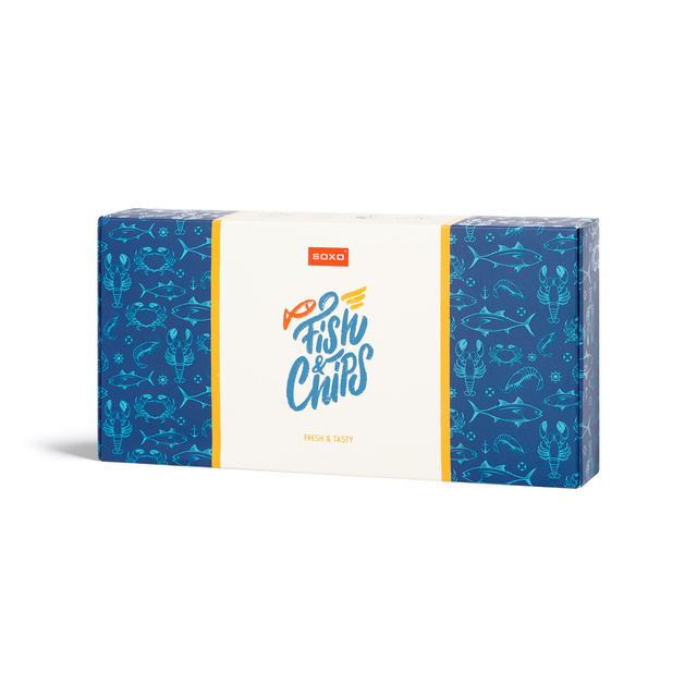 2 Paar von lustigen Socken mit Fisch und Chips motiv in einzigartiger Verpackung | Damen-/Herrensocken | SOXO