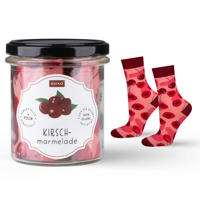 Women's pink SOXO GOOD STUFF socks with cherry jam in a jar