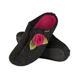 Women's felt slippers SOXO black with a flower, hard TPR sole