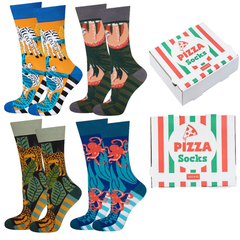 Bunte Set 4x Herrensocken SOXO GOOD STUFF  in einer Pizzaschachtel