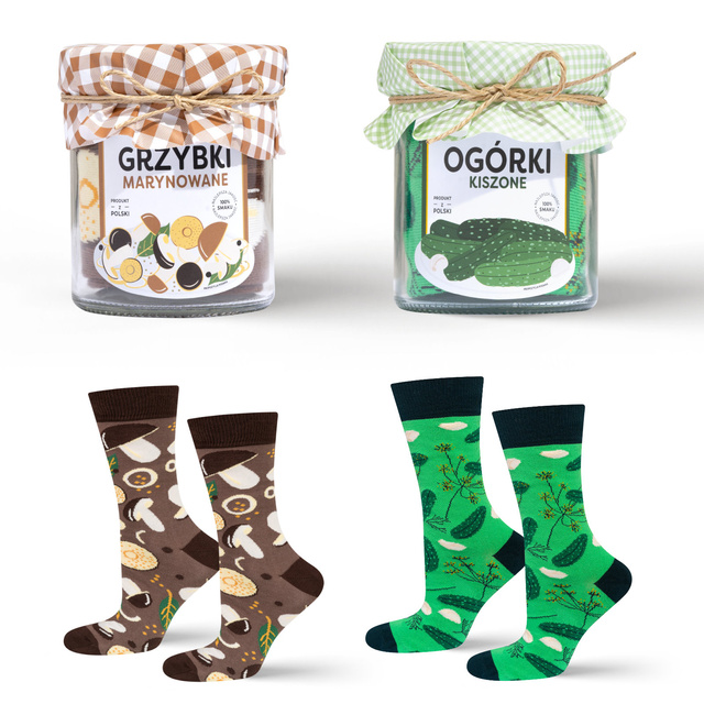 Set of socks in a jar mushrooms and cucumbers
