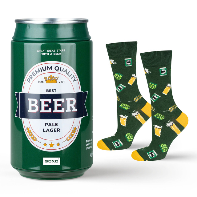 Men's colorful SOXO GOOD STUFF socks funny pale lager beer roasted in a can with polish inscriptions