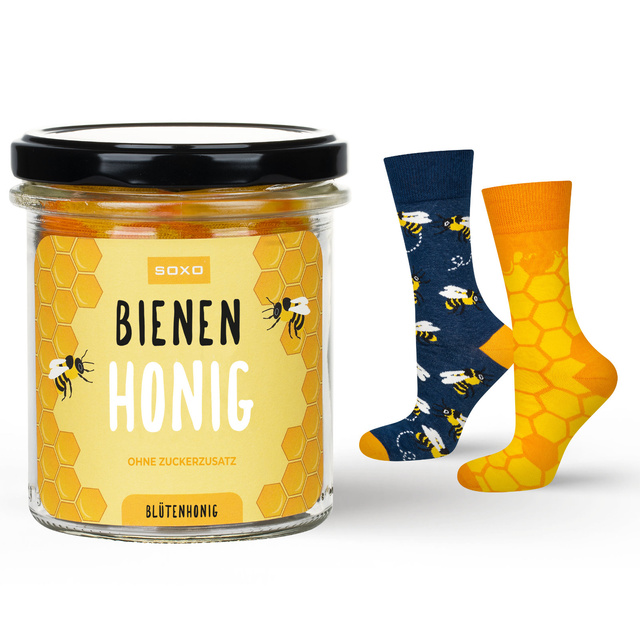 Bunte SOXO GOOD STUFF Herrensocken mit lustigem Baumwollhonig im Glas