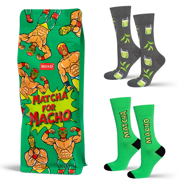 2 Paar von lustigen Socken mit Matcha motiv in einzigartiger Verpackung | Herrensocken | SOXO
