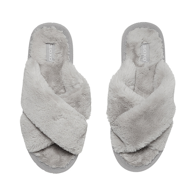 Women's slippers SOXO fur gray with a hard TPR sole, packed in a gift box