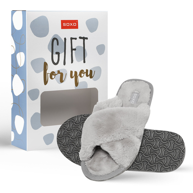 Women's slippers SOXO fur gray with a hard TPR sole, packed in a gift box
