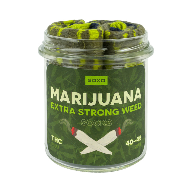 Men's colorful SOXO GOOD STUFF marijuana socks in a jar funny cotton