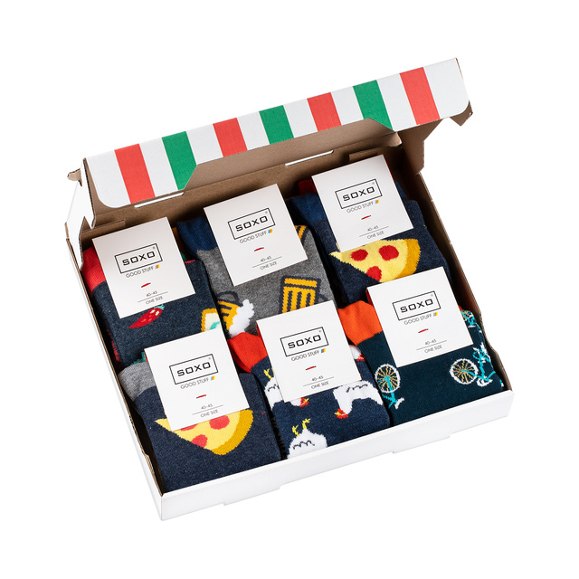 6 Paar von lustigen Socken mit Pizzamotiv einzigartiger Verpackung | Herrensocken | SOXO
