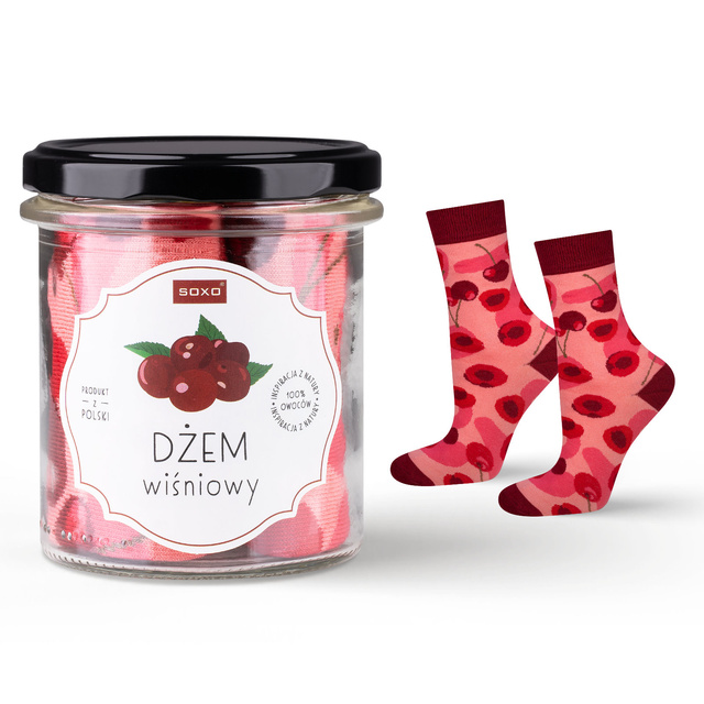 Women's pink SOXO GOOD STUFF socks with cherry jam in a jar