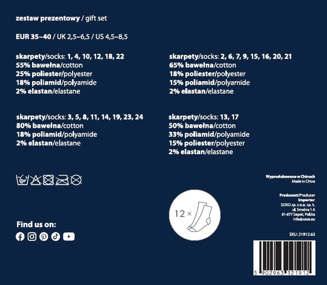 Kalendarz Adwentowy ze Skarpetkami 12-pak