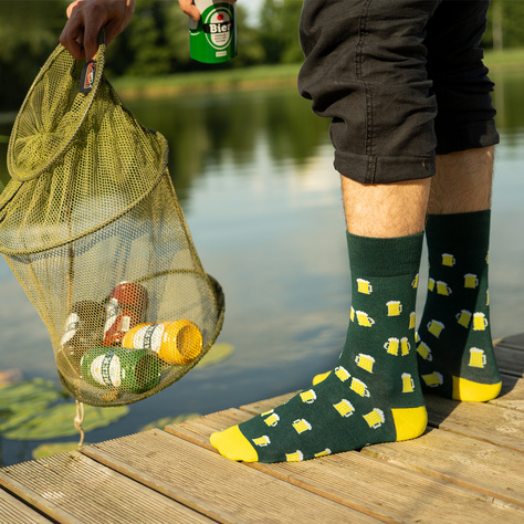 Men's colorful SOXO GOOD STUFF socks funny pale lager beer roasted in a can with polish inscriptions