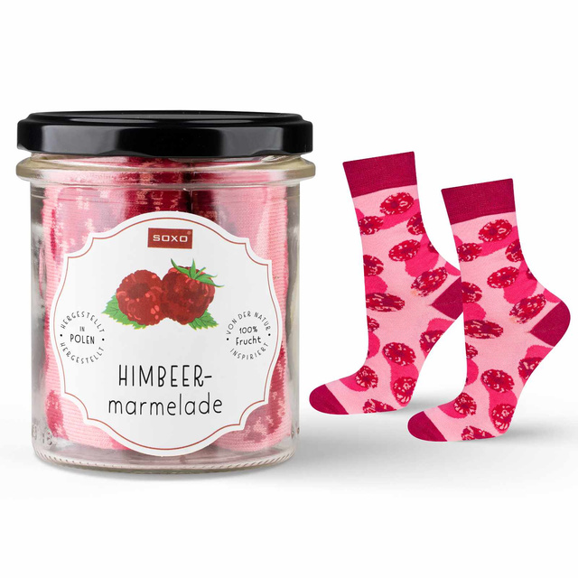 Women's pink SOXO GOOD STUFF socks with raspberry jam in a jar