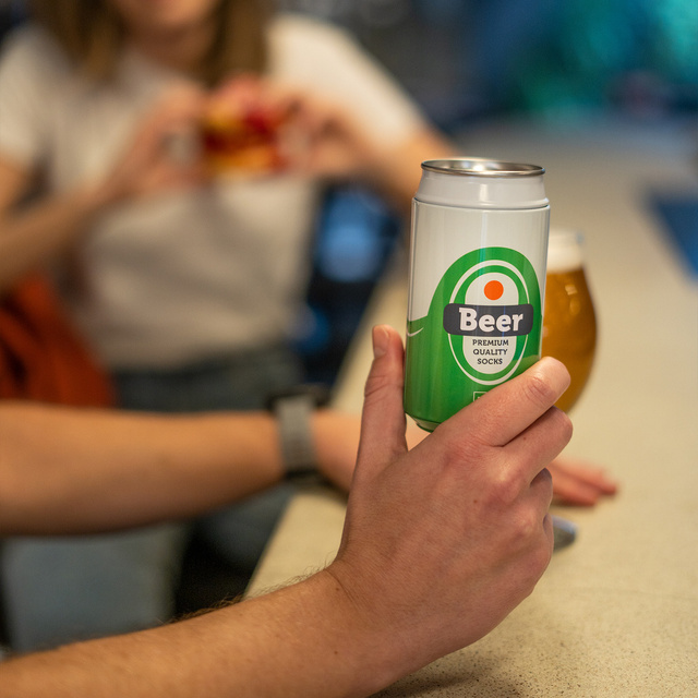 Men's colorful SOXO GOOD STUFF socks funny pale lager beer roasted in a can with polish inscriptions