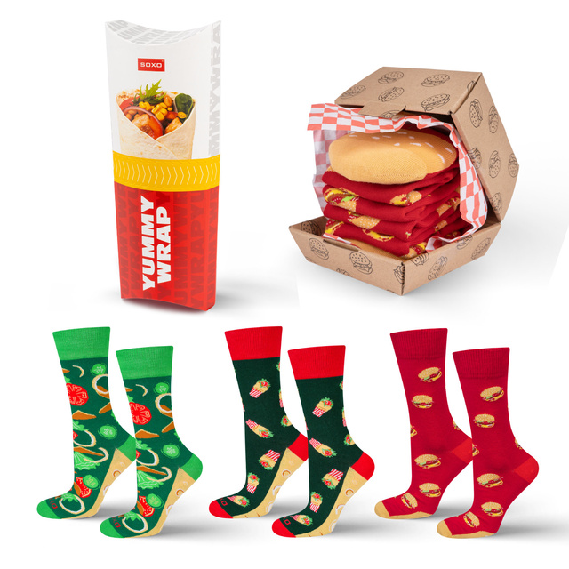 3 Paar von lustigen Socken mit Wrapmotiv und Hamburgermotiv  in einzigartiger Verpackung | Damen-/Herrensocken