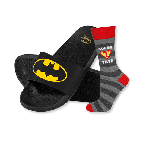 Dad Gift: 1x colorful SOXO men's socks with inscription "Super Tata" and 1x Batman men's slippers | Father's Day gift