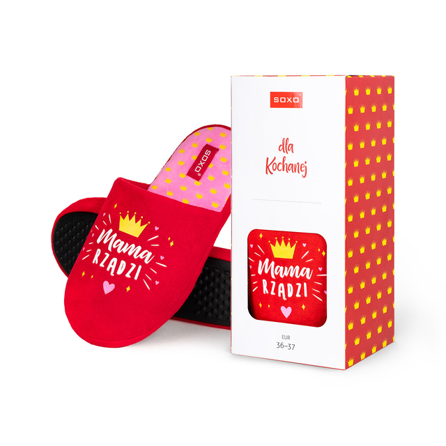 Hausschuhe für Mama SOXO mit polnischer Inschrift in einer Geschenkbox