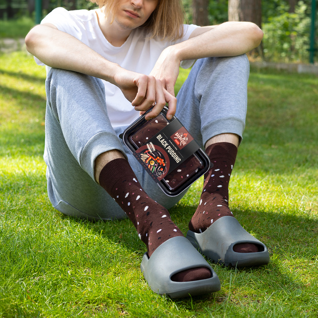 1 Paar von lustigen Socken mit Black Pudding motiv in einzigartiger Verpackung | Herrensocken | SOXO