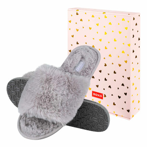 SOXO women's furry grey slippers with TPR hard sole in gift box