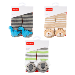 Set 3x Colorful SOXO baby socks with a rattle and ABS