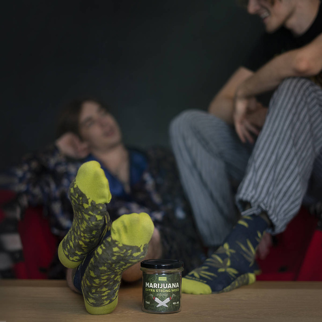 Men's colorful SOXO GOOD STUFF marijuana socks in a jar funny cotton