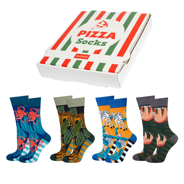 4 Paar von lustigen Socken mit Pizzamotiv einzigartiger Verpackung | Herrensocken | SOXO