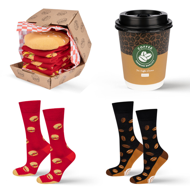 Sockenset Kaffee in einer Tasse und Hamburger in einer Schachtel