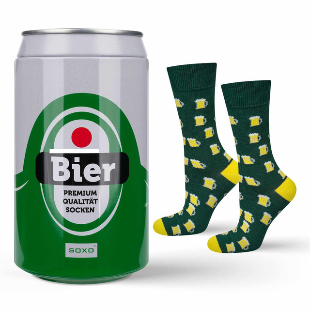 Men's colorful SOXO GOOD STUFF socks funny pale lager beer roasted in a can with polish inscriptions