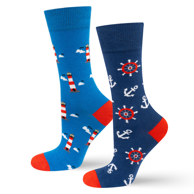 Colorful mismatched SOXO GOOD STUFF socks lighthouse