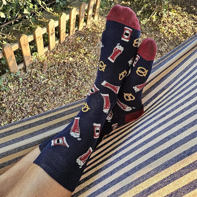 Men's colorful SOXO GOOD STUFF socks funny Irish Red Ale roasted in a can with polish inscriptions