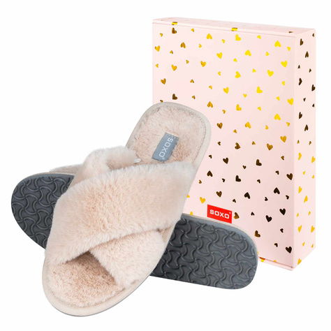 SOXO weiche beige Damenpantoffeln in Geschenkbox mit Aufklebern