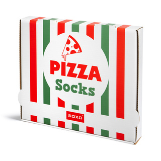 Set of 4x Colorful SOXO women's feet with inscriptions in a pizza box